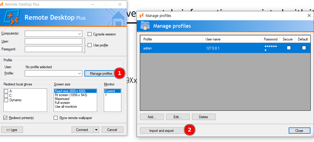 so i tried to import the profile but at the first glance the open dialog is still restricted to the download path so i had to download the profile.xml first and did this by going to the profiles.xml in edge and then ctrl+s and save it  anyway after importing it we'll see that it imported the admin and its password but we can't see the password lets see if we can connect