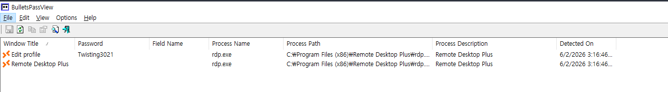 after some search i found a utility from nirsoft that reveals the dotted password actual text all i needed to do is to download it to the system and i used http.server for that opened it from the powershell and then opened the remote desktop plus again and copied the dotted text and back to the app i got it revealed lets try to login using RDP